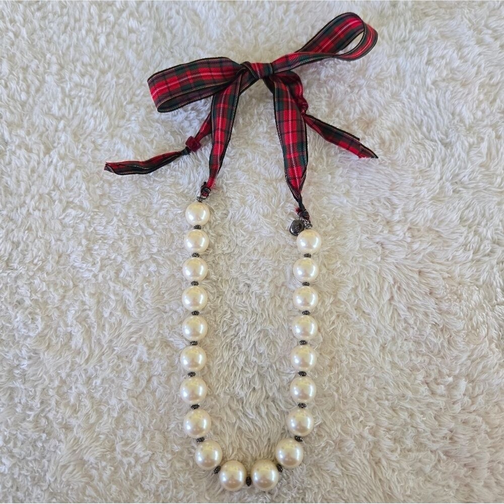 Ralph Lauren Pearl Necklace with Red and Green Plaid Ribbon Bow